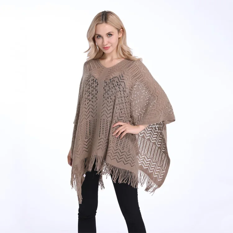 Spring Autumn New Double-layer Irregular Shawl Hollowed Out Tassel Lattice Cloak Versatile Loose Pullover Poncho Beige