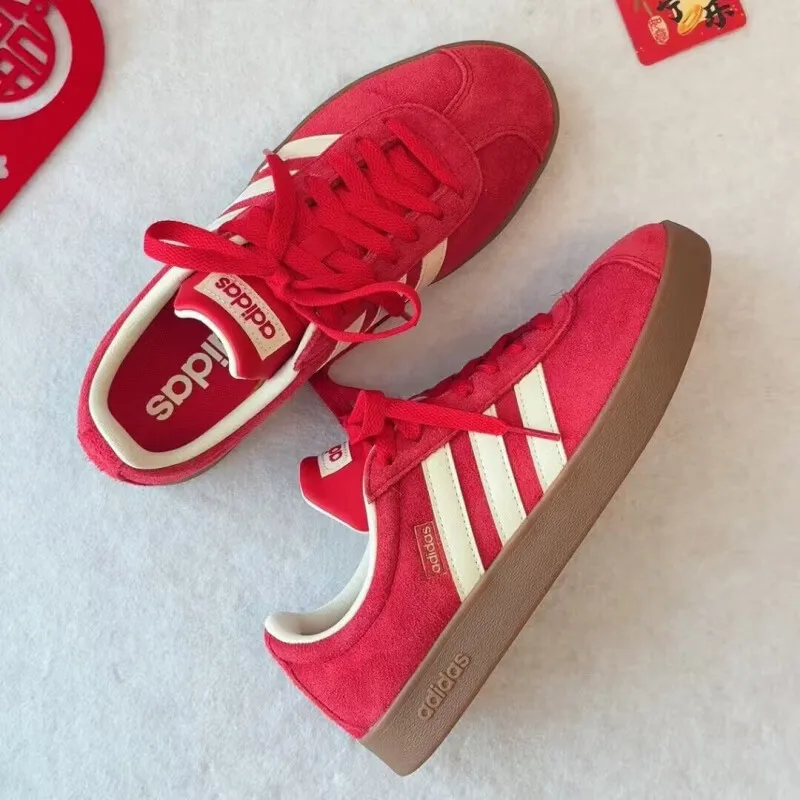 Adidas Unisex Mid Low Top Sneakers KK3774 Light Scarlet Warm Grass Yellow Suede Like Upper Regular Fit Lace Up Design Gum Rubber