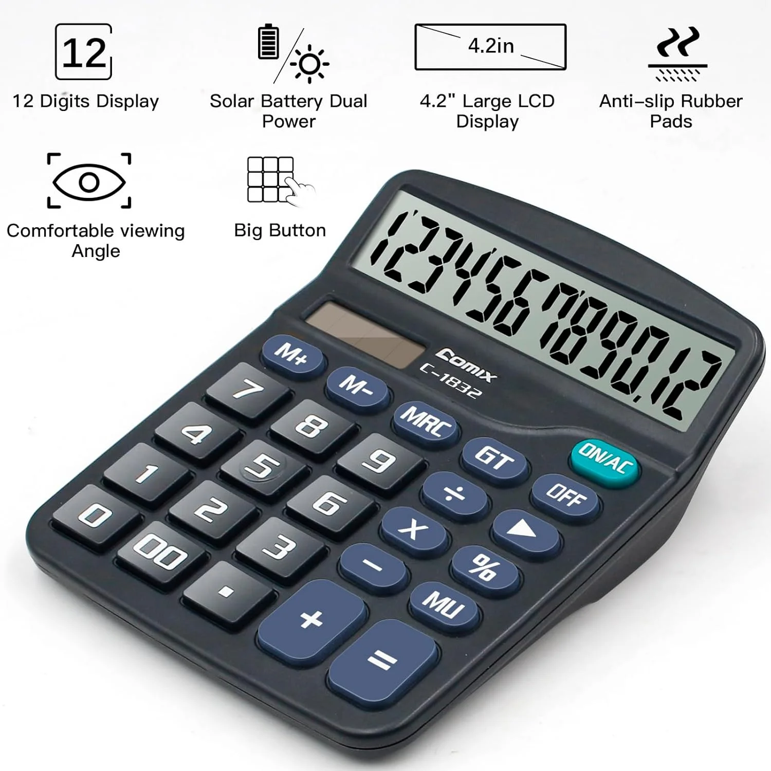 Desktop Calculator 12 Digit with Large LCD Display and Big Button, 12 Digits Baisc Calculator, Solar Battery Dual Powered, for O