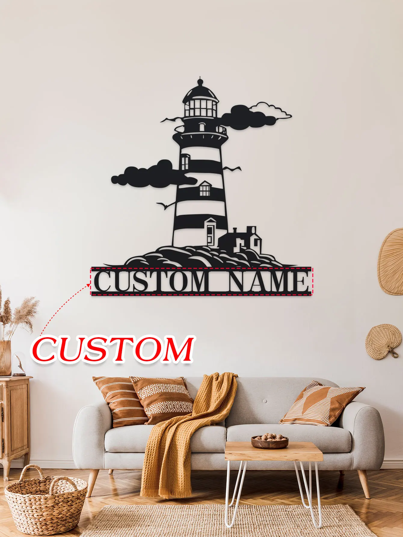 개인 맞춤형 금속 등대 벽 장식, 이름 명판 포함, 현대적인 스타일의 실내 및 실외용 벽 예술 장식