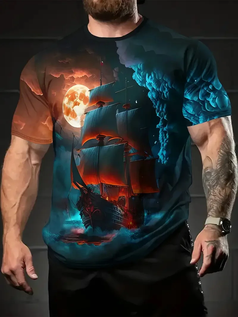 Men's Casual Crew Neck T-Shirt with 3D Sailboat Pattern new in summer short sleeve Cruise T Shirts for men full print tee shirt