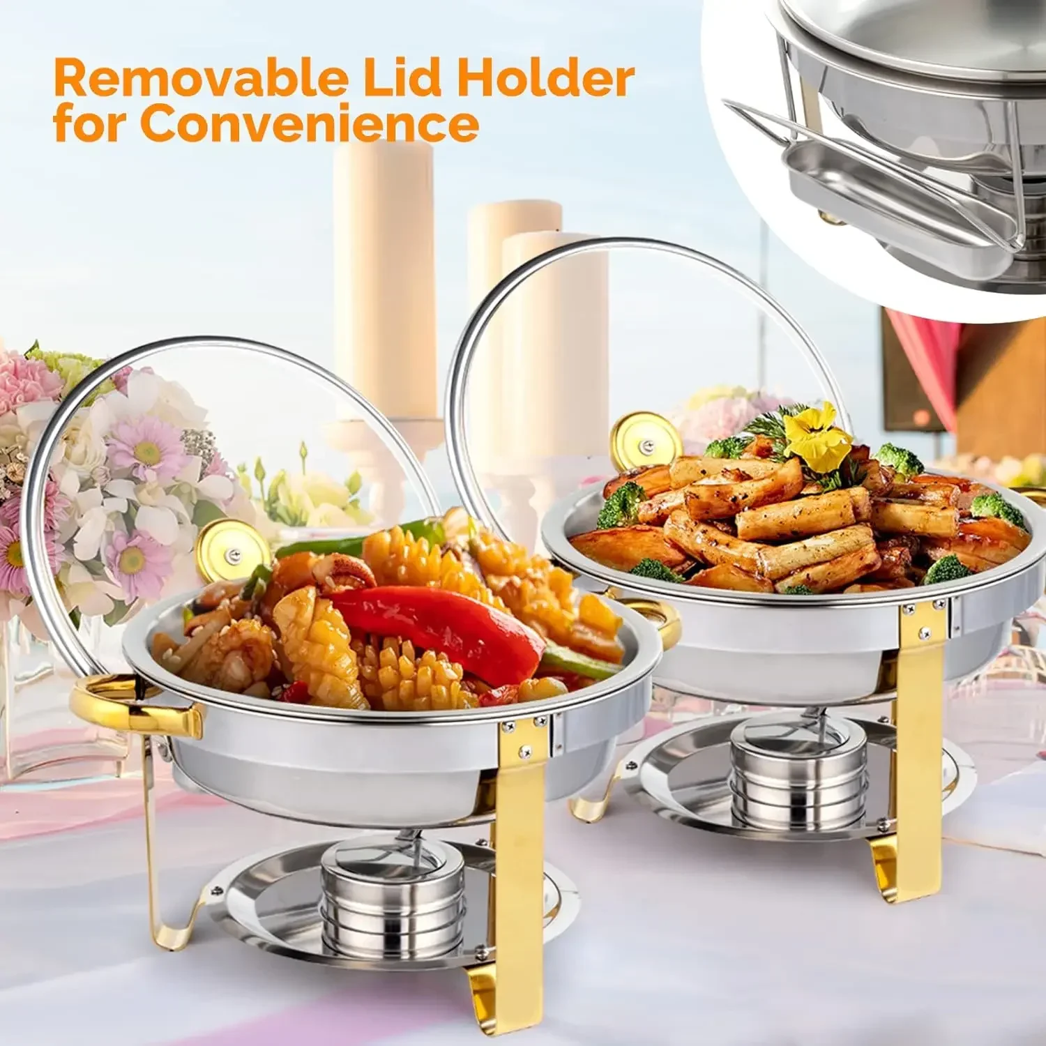 

z 5QT 2-12 Packs Chafing Dish Buffet Set Gold Accent Round NSF Stainless Steel Warmer Glass Lid Holder Catering Event Partie