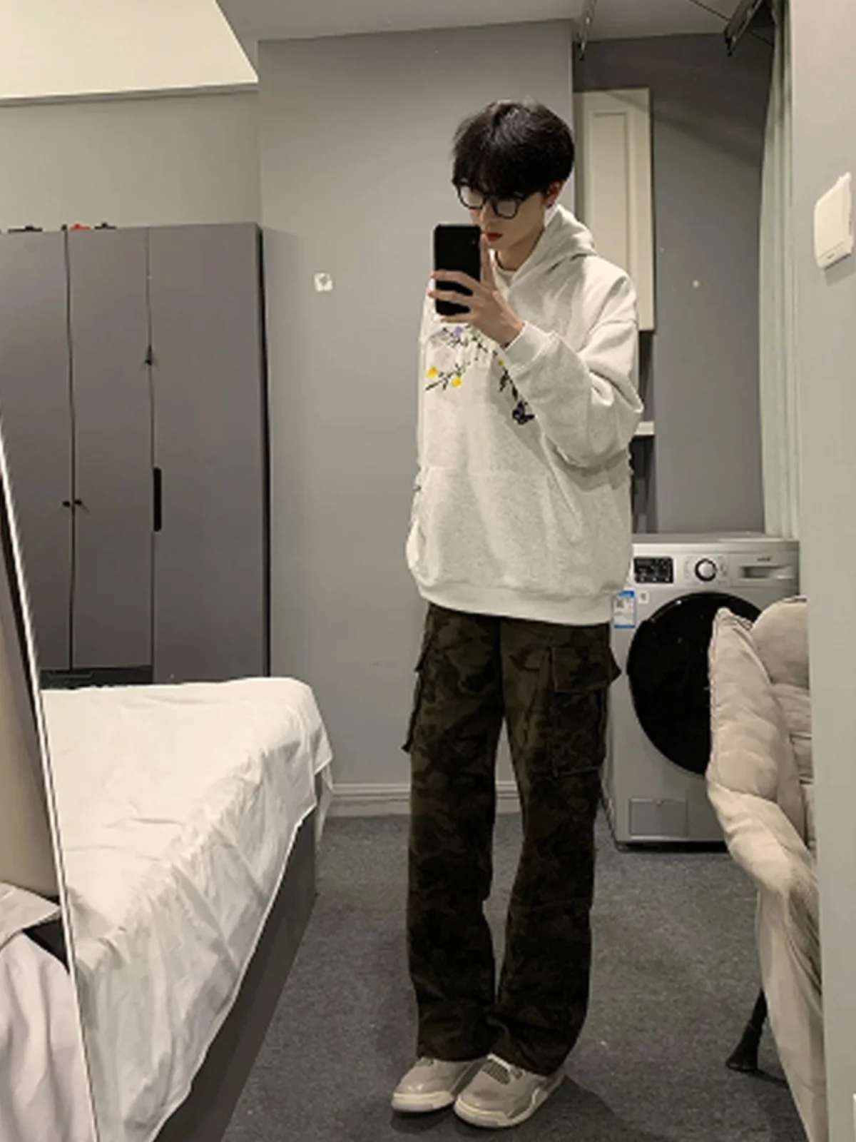 

American Sle Camouflage Work Pants Men's Waed Patchwork Casual Straight Leg Jeans Youthful Trendy High Waist Long Trousers