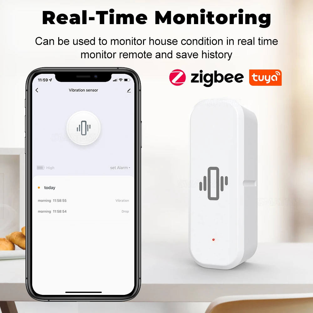 تويا زيجبي مستشعر الاهتزاز للمنزل باب أمان نافذة كاشف الاهتزاز صدمة إنذار رصد إشعار تطبيق الحياة الذكية #2