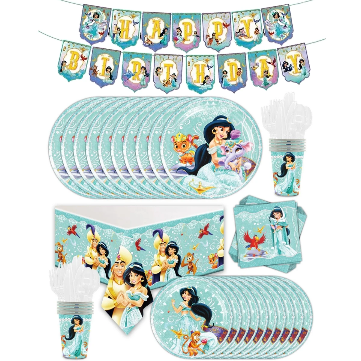 10/20 People Disney Jasmine Princess Birthday Party Decoration Disposable Tableware Cup Plates Napkins Tablecloth Party Supplies