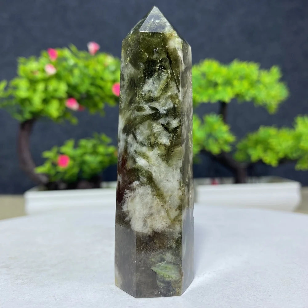 Natural Green Mica Tourmaline Crystal Quartz Tower Hexagonal Healing Stone Wand Home Decor Spiritual Energy Gift