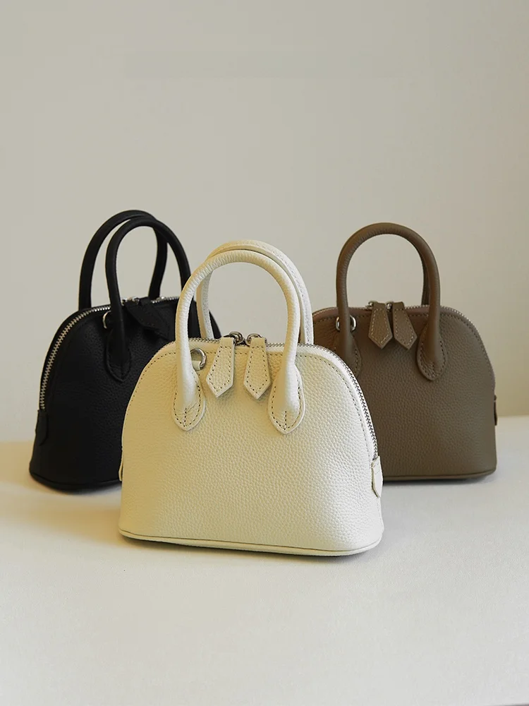 Top Layer Cowhide Women's Handbag Bolide Texture Bowling Bag Single Shoulder Slant Cross  Bag Commute Style Detachable S...