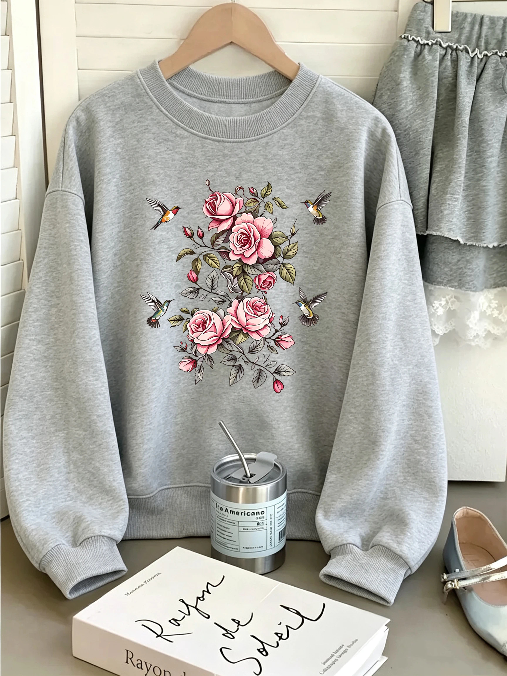 Rosa Rosen-Kolibri-Blumenmuster, Damen-Pullover mit Rundhalsausschnitt, Y2K-Sport-Sweatshirt, Herbst, lockere Kleidung, Fleece, Jogging, Streetwear – Detail 18