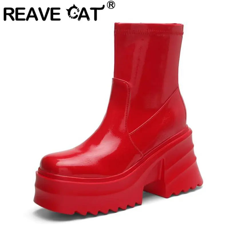 REAVE CAT Patent Leather Women Ankle Boots Toe Chunky Heels 9cm Platform Hill Size 42 43 Fashion Party Booty