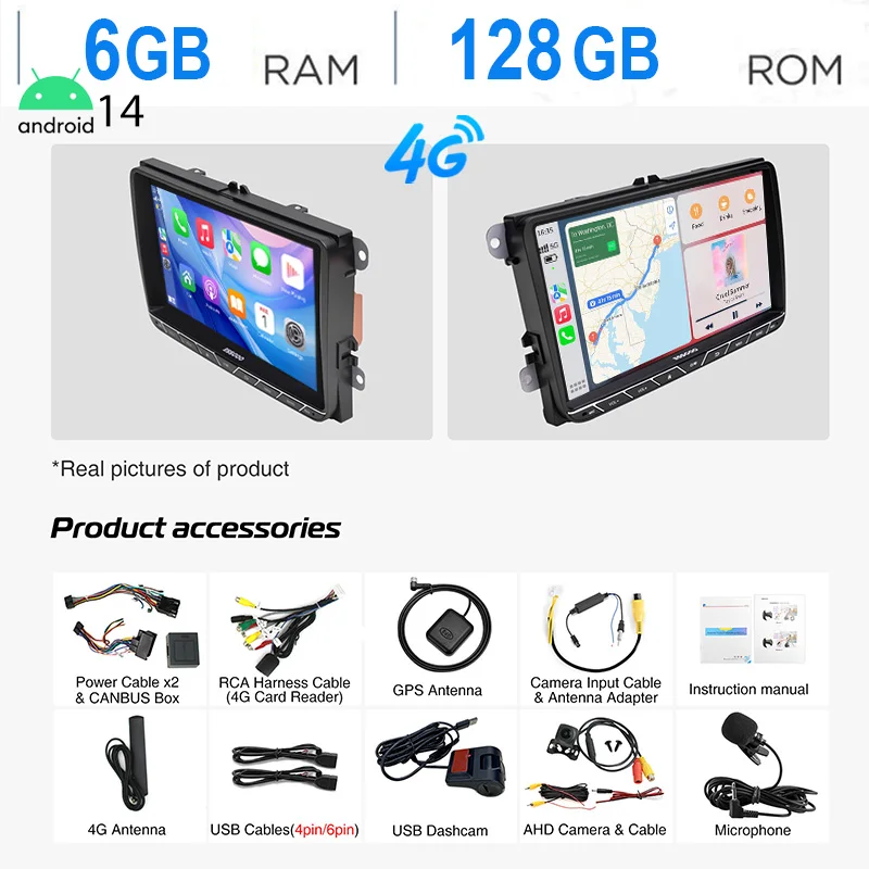 ESSGOO 9 "Android14 6 + 128G Autoradio Radio Draadloze Carplay Voor VW Golf 5 6 Passat Polo Touran Tiguan Jetta Caddy EOS 4G LET WIF