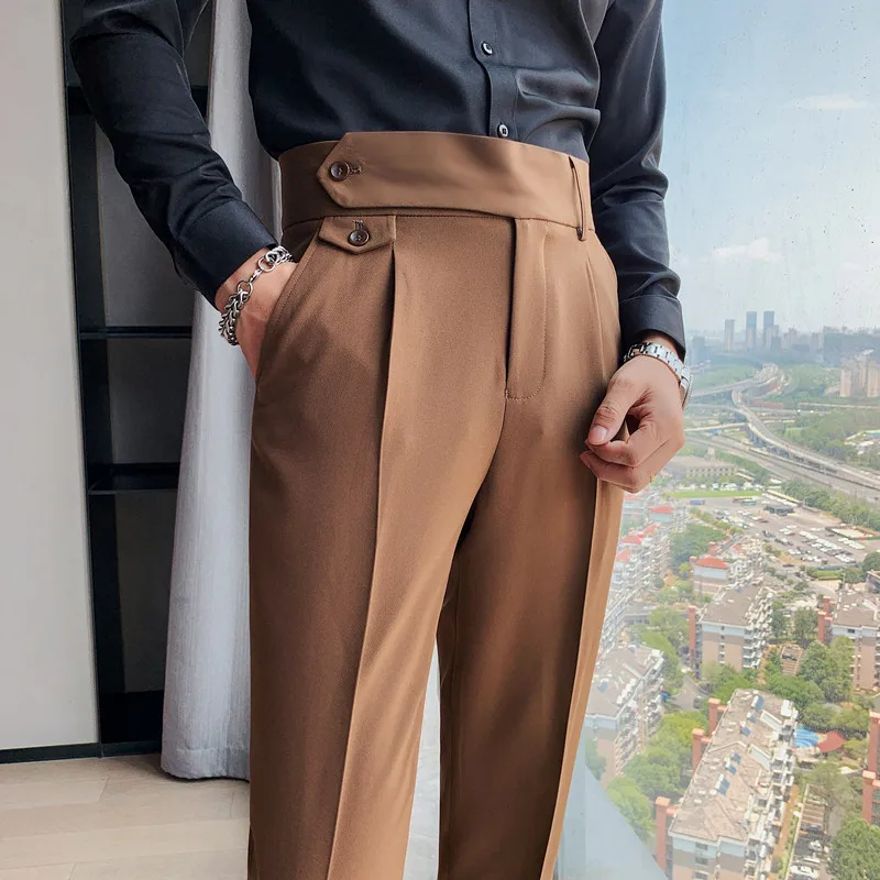 Pantalones rectos de cintura alta para hombre, ropa de vestir informal, de negocios, de oficina, Social, boda, ropa de calle, pantalones largos de