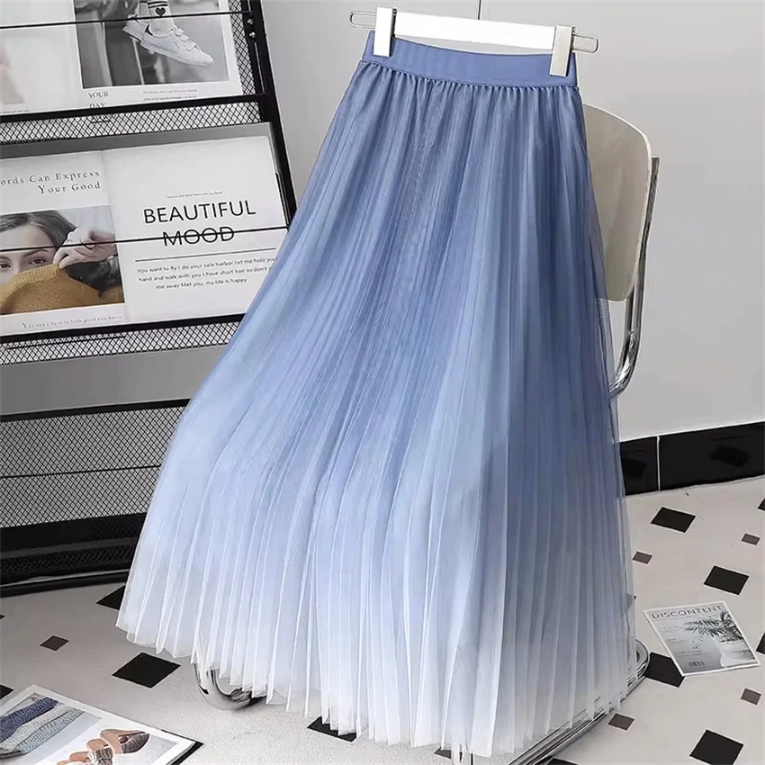 

Новая модная женская юбка Gowyimmes большого размера, миди-длины, с градиентным цветом, сетчатая, приталенная, А-силуэт, плиссированная, модель Fairy PD1859