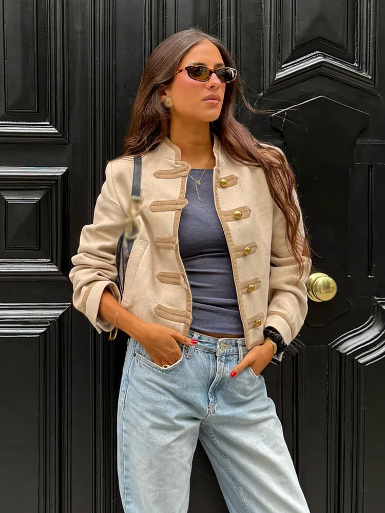 

HH Women Fashion Versatile Stand Collar Shoulder Padded Rope Knot Single-breasted Jacket Female Casual Pockets Long Sleeved Coat