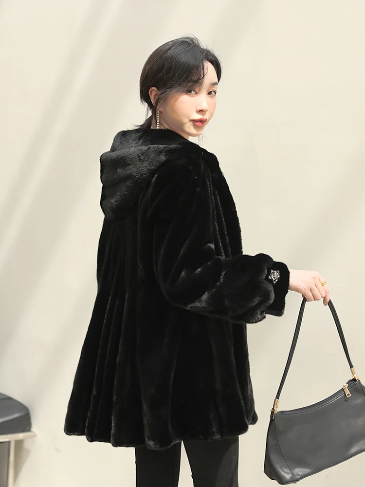 Imported Whole Mink Fur Coat Women's Velvet Hooded Wave Tail Mid-Length Female Mink Haining Fur Slim Mink Fur