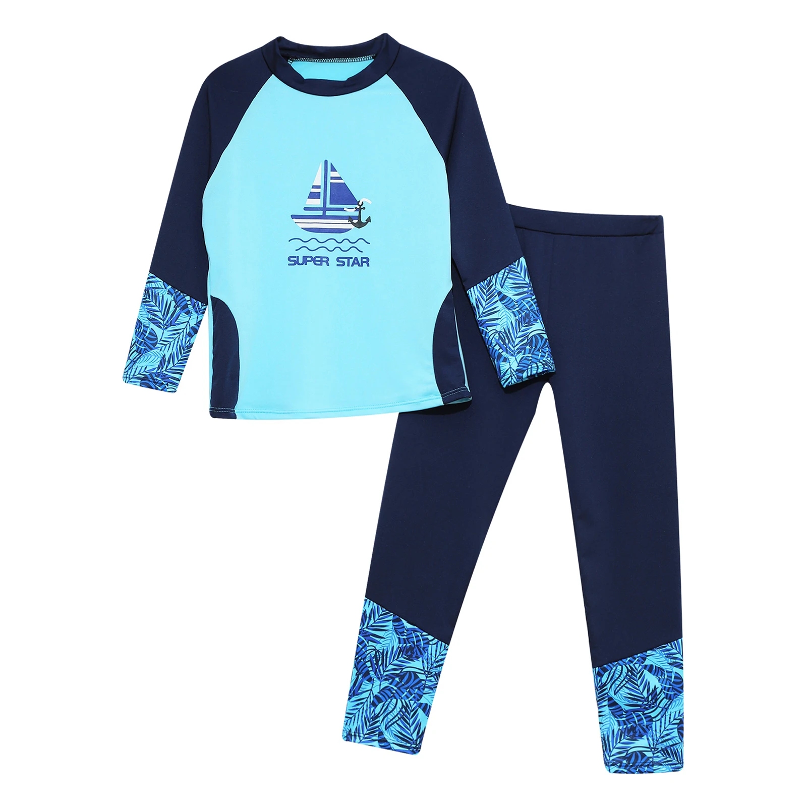 Kids Children Boys Full Body Swimsuit 2Pcs Rash Guard Set Long Sleeve Swim Shirt with Long Pants Swim Beachwear Bathing Suits