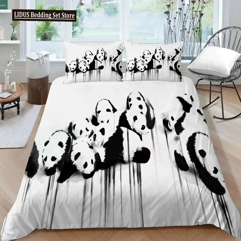 3D Panda Bedding Set for Boys Girls Cute Cartoon Giant Panda Duvet Cover Set King Queen Size Yellow Soft Polyester Quilt Cover