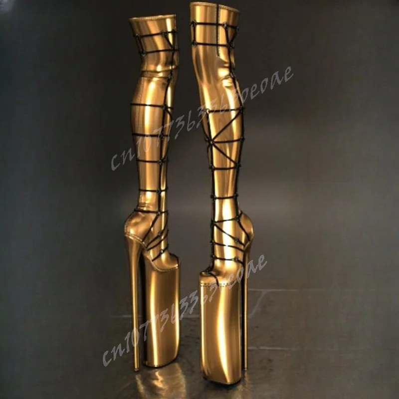 Golden Strappy Decor Platform Boots Over The Knee Pointed Toe Shoes for Women Stiletto High Heels Shoes 2024 Zapatos Para Mujere