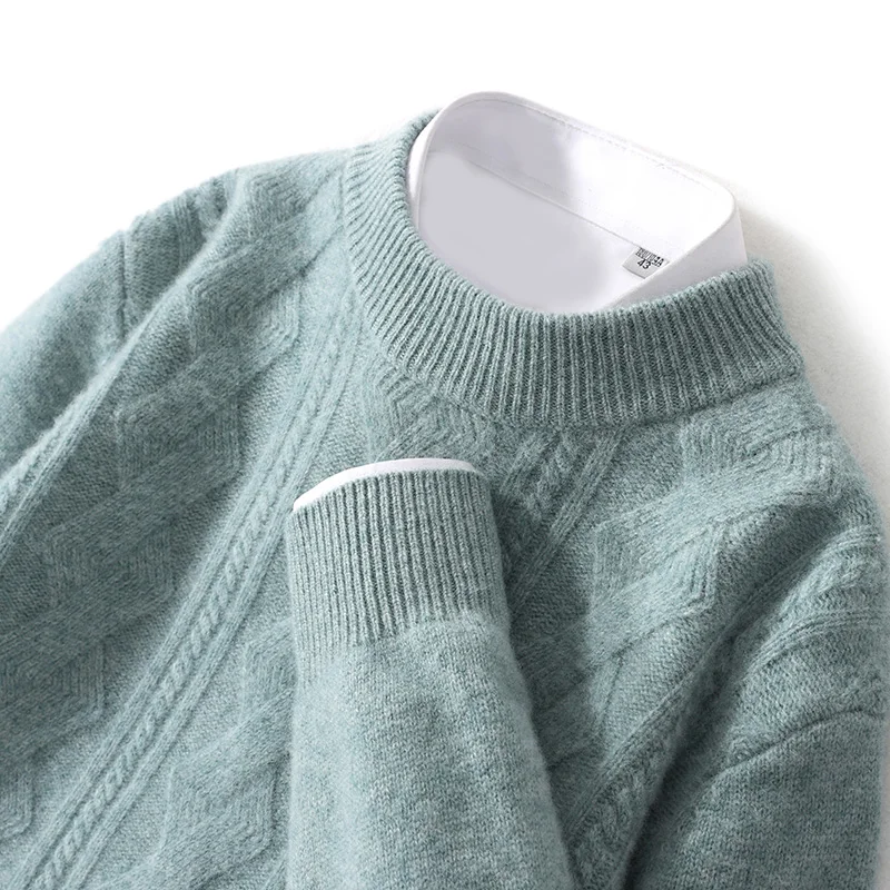 

High Quality Men 100%Merino wool Sweater Autumn Winter O-neck Long Sleeve Pullover Cable Knit Smart Casual Thick Clothing Tops