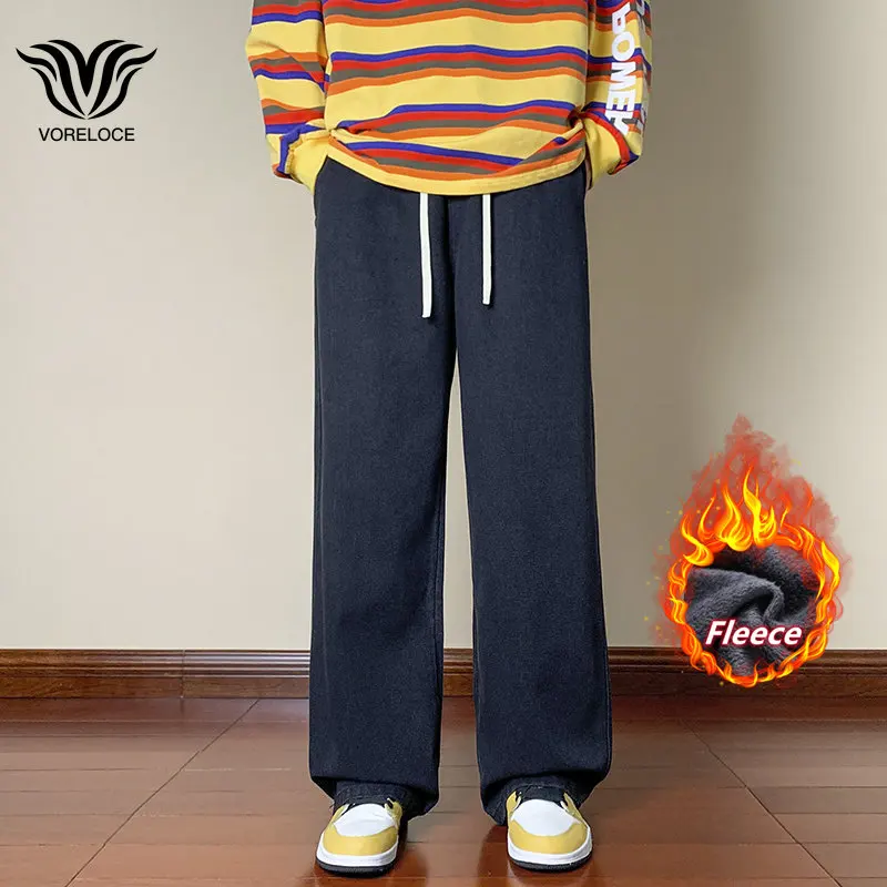 

Winter New Fashion Men's Fleece trouses South Korea Street Loose Casual Thick Classic Unisex Couple PantsBaggy Warm Jeans