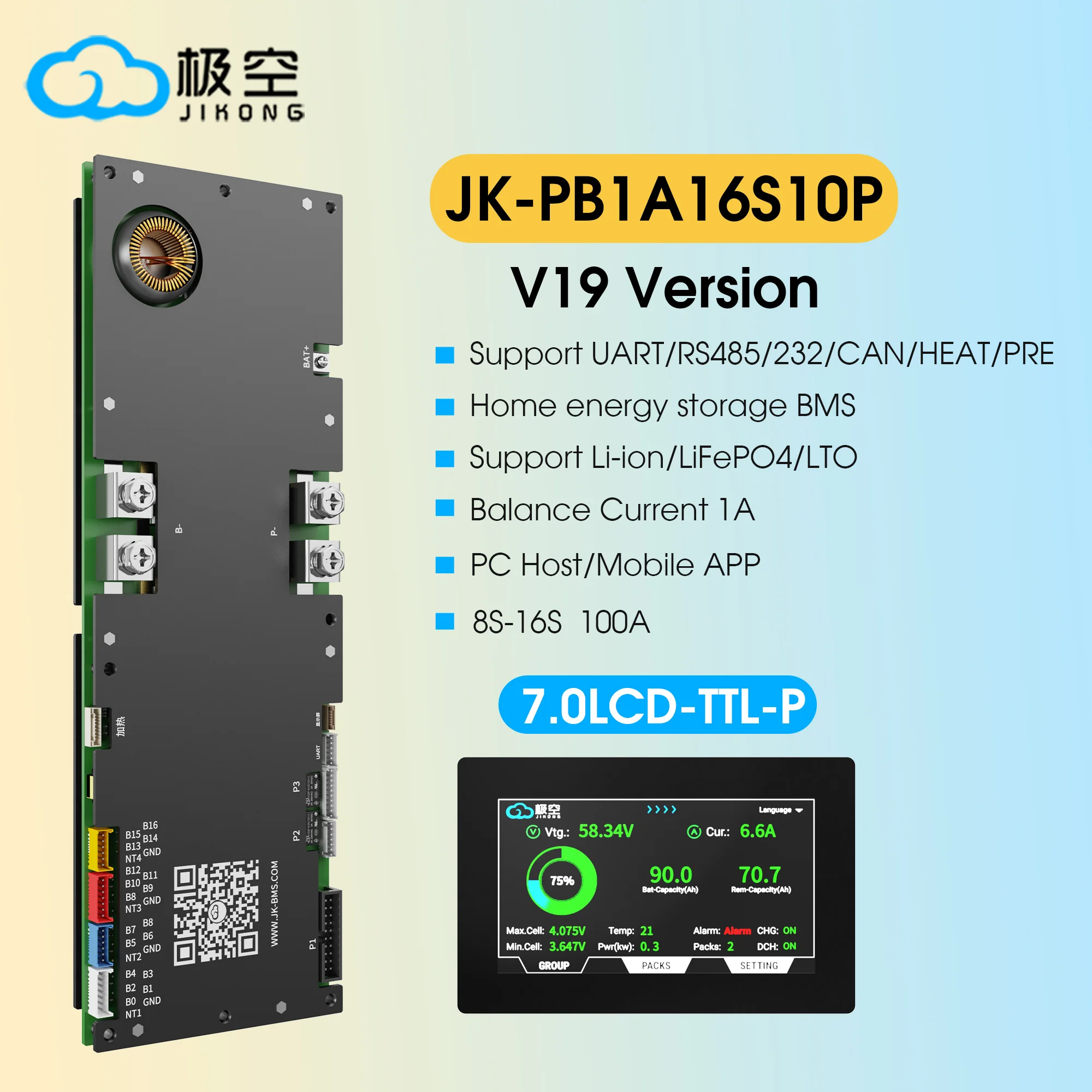 JIKONG PB1A16S10P V19 4.3/7.0LCD 100A LiFePo4 Li-Ion LTO Batterie 24V 48V Wechselrichter BMS 8S 10S 12S 14S 16S Aktiver Balancer 1A