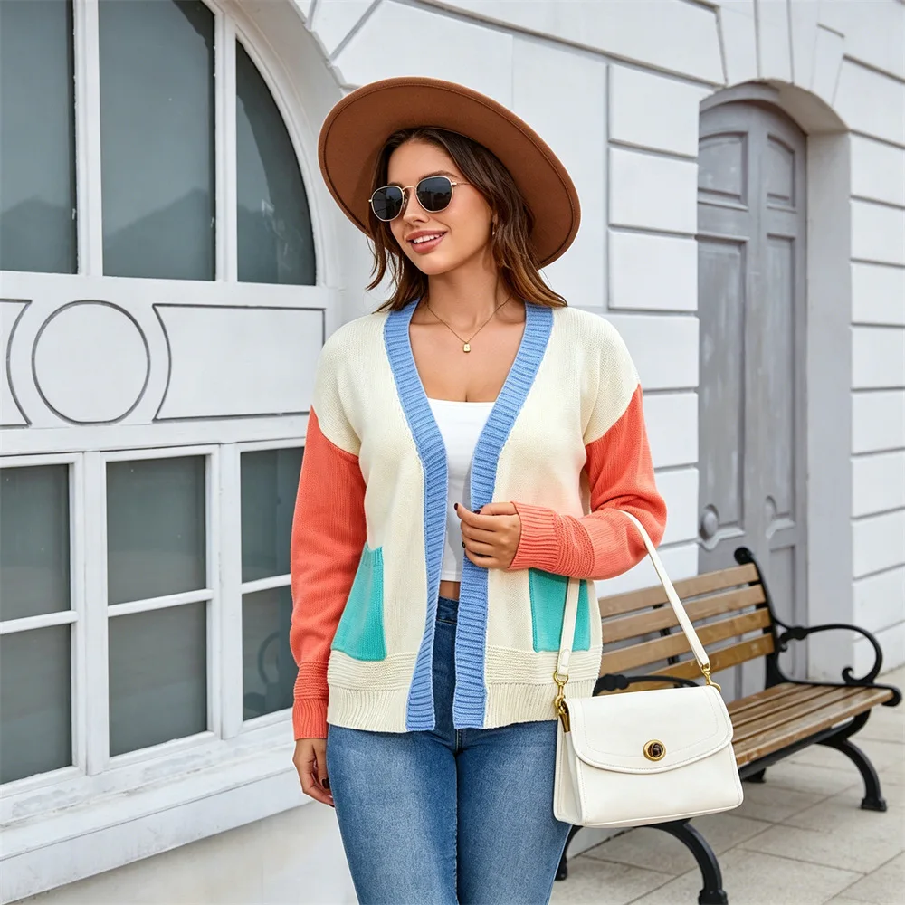 MsChuh Women's Sweaters And Pullovers V Neck Open Cardigan Color Block Knit Pocket Detail Long Sleeve Ropa Mujer Fashion Clothes