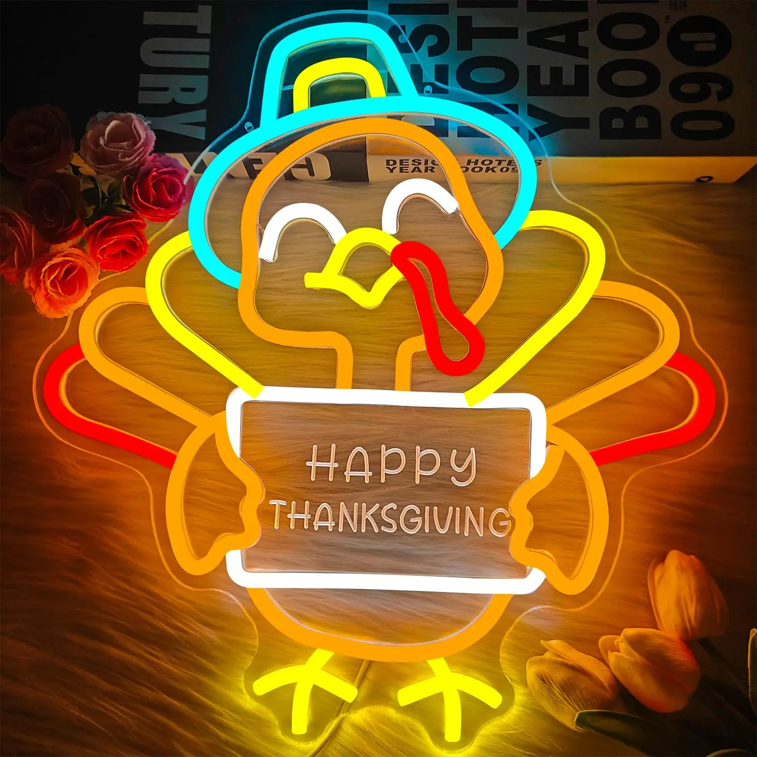 ハッピー感謝祭-ターキーネオンサイン-カービング調光式ライトアップウォールデコレーション-収穫祭-秋のライト-感謝祭-ウィンドウデコレーション