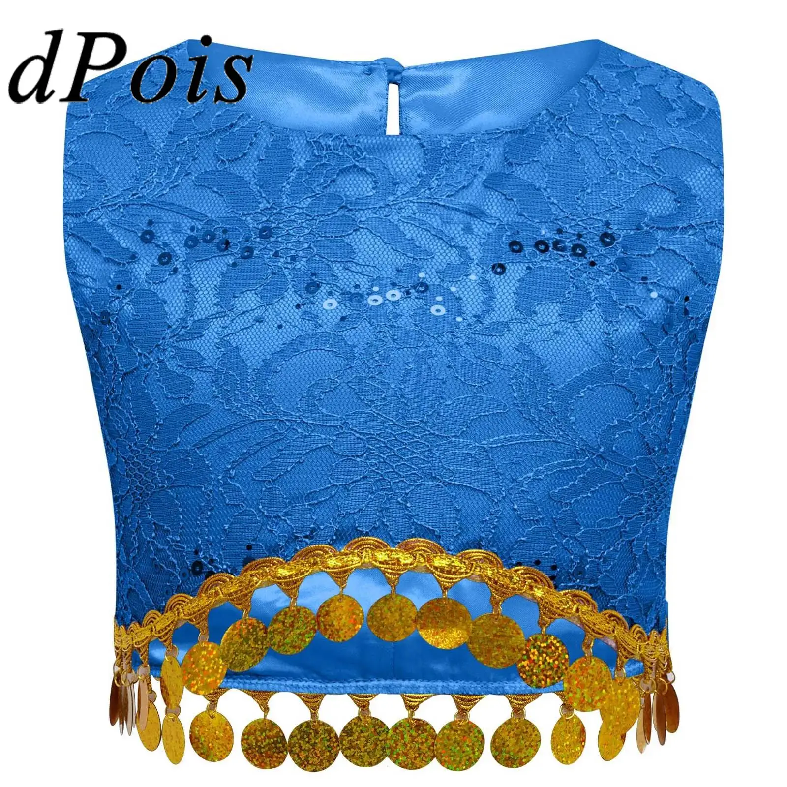 Ropa de danza del vientre para niños, Tops para niñas, Top corto de encaje con borlas y lentejuelas, traje de baile Choli étnico indio, chalecos sin mangas, Ropa de baile