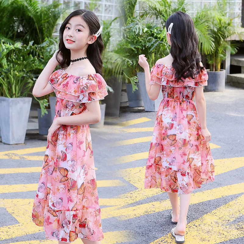 2023 summer Kids baby Girls Long Dress Flower Chiffon Bohemian Beach lace thin Princess mesh 5 7 9 10 11 12 14 15 years teens