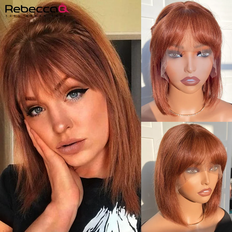 

Borwn Wig Short Straight Bob Lace Front Wig With Bangs Cute Human Hair Bob Wigs For Women Brazilian Remy Hair Easy Part Lace Wig