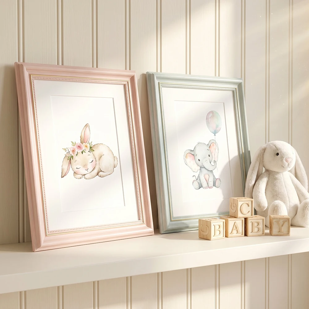 2 Pack Pastel Pink & Blue Picture Frames With Mat A4 Morandi Color Photo Frame With Gold Beaded Trim Cute Decor for Baby Room