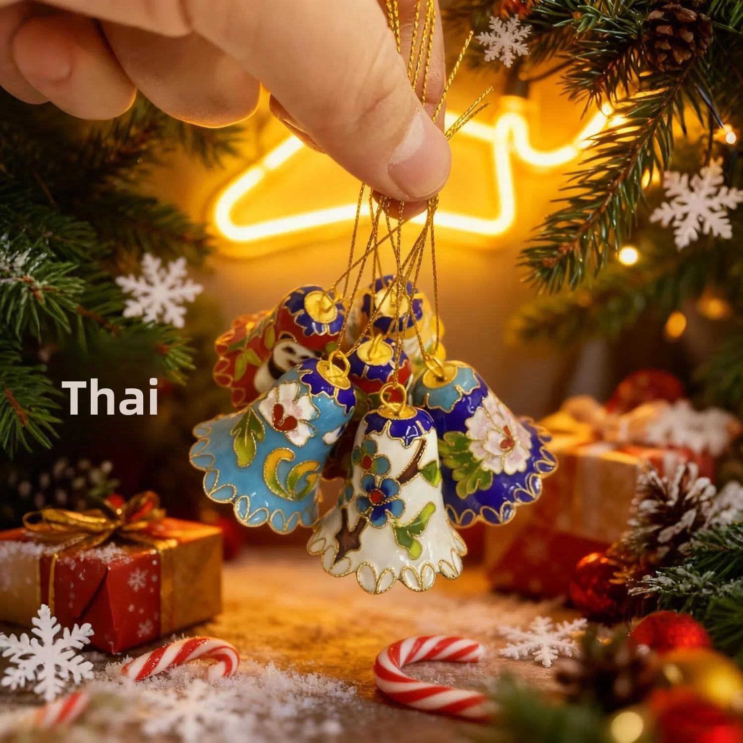 Handmade Enamel Christmas Bell Decoration Set 4Pcs Cloisonne Hanging Bell Craft Vintage Christmas Ornament Fall Halloween