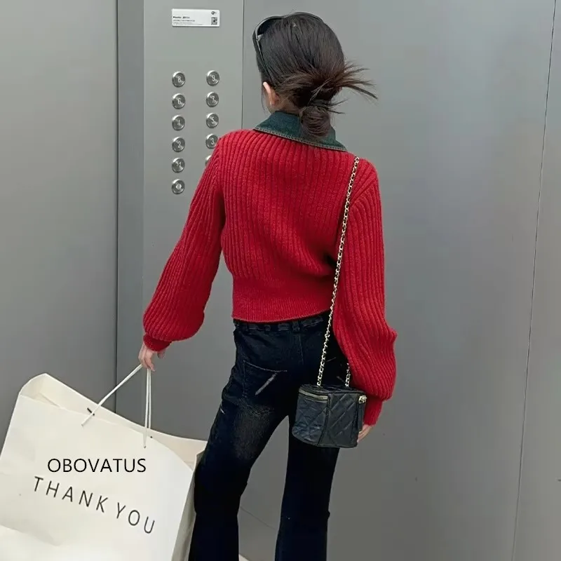 Korean Slim Girl Red Sweater With Denim Collar Stylish Kids Knitted Crop Tops Cool Teenager High Street Knitwear Spring Clothing