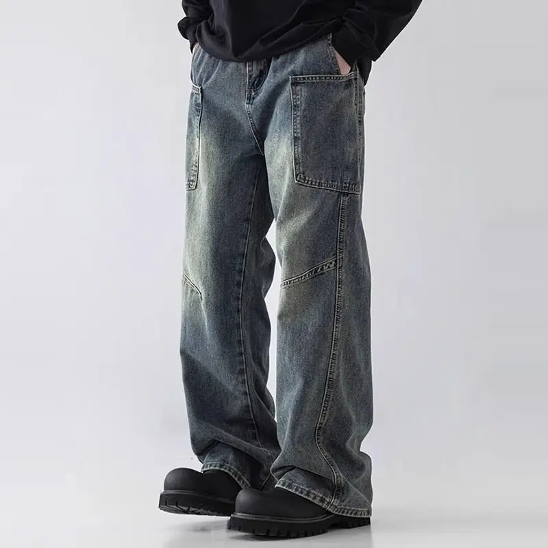 Men Contrast Stitch Vintage Washed Loose Wide Leg Straight Denim Jeans
