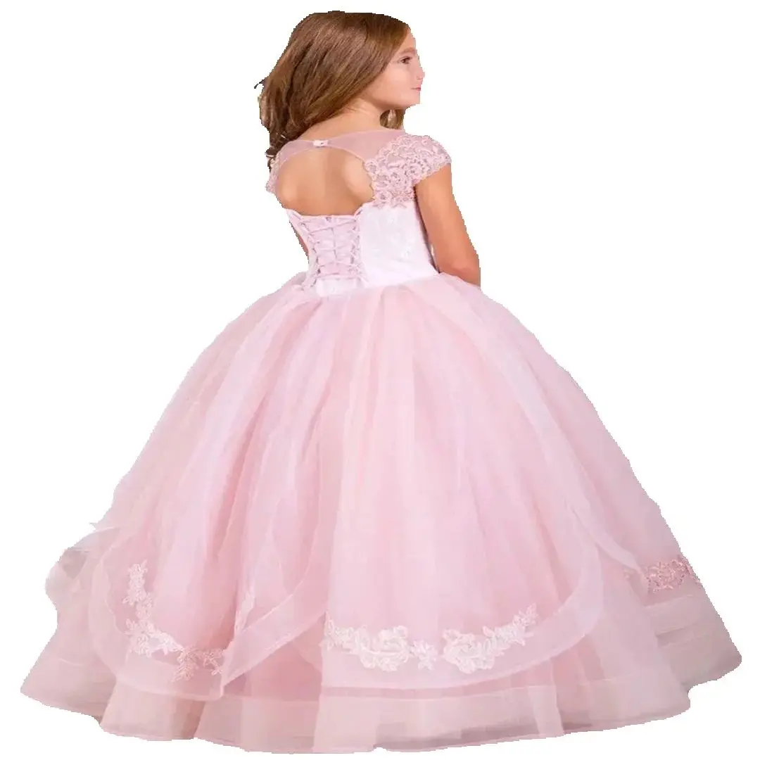 Vestido de niña de flores blanco y rosa personalizado, apliques florales de tul sin mangas para boda, fiesta de cumpleaños, graduación, banquete, vestido de princesa