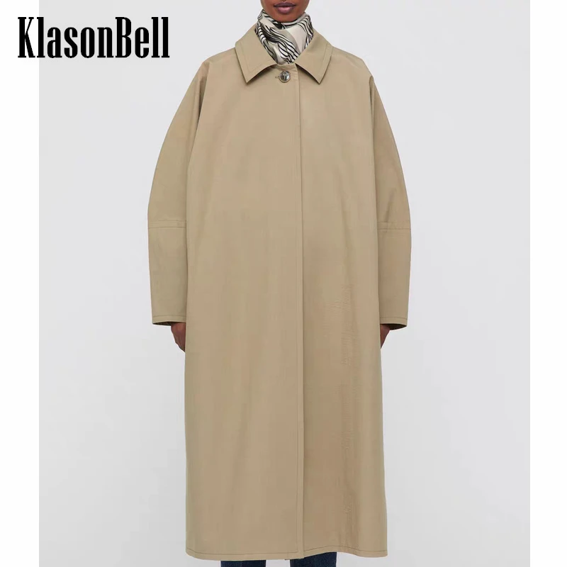 

4.25 KlasonBell Khaki Single Lapel Button Simple Temperament Long Trench Women Spliced Batwing Sleeve Loose Temperament Coat