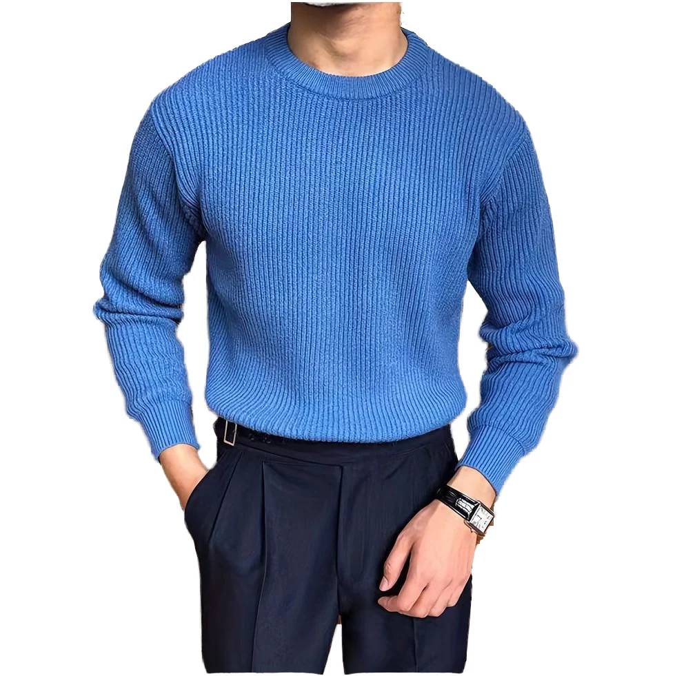 Мужской повседневный однотонный пуловер с круглым вырезом, свитер с теплой текстурой, вязаный джемпер с дышащей функцией на осень-зиму