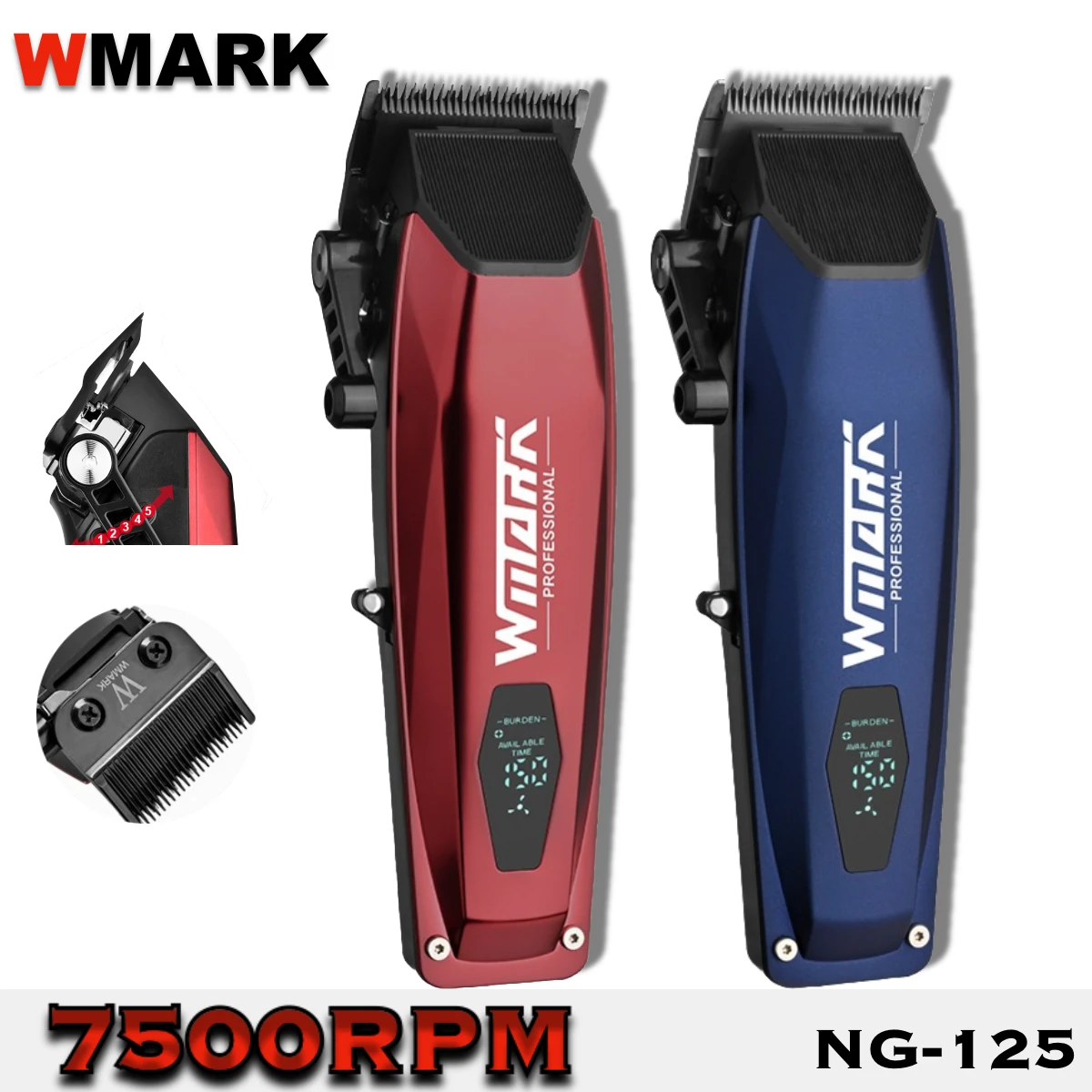 WMARK NG-125 Professional Electric Hair Clippers 7500RPM Rotating Motor Oil Head Barber Shop Trimmer for Man Blade 5 Adjustments