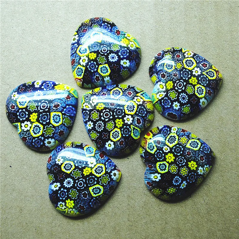 

6PCS 30MM New Italy Millfiori Glass Cabochons Heart Shape Loose Beads Cabs No Hole DIY Jewelry Findings