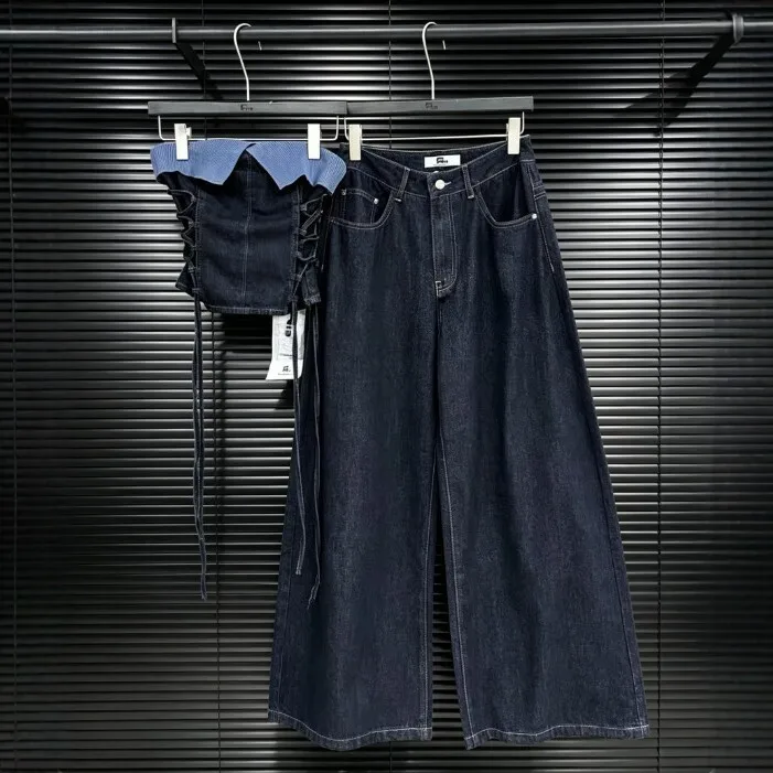 High Waist Wide Leg Set with Cross Tie Panelled Design Washed Finish No Stretch Streetwear Full Length Casual Women Sets