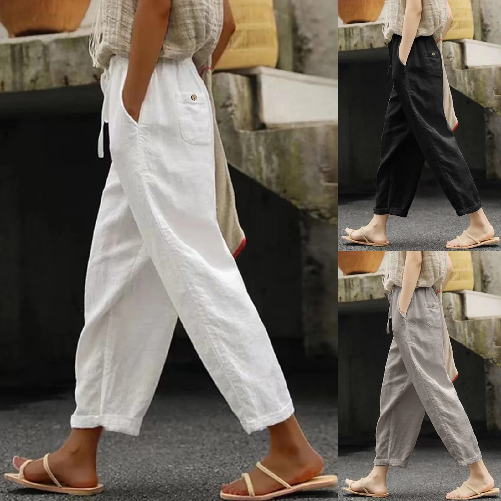 

Women Solid Lace Up Casual Pants Summer Baggy Elastic Waist Trouser Wide Leg Pant With Pocket Casual Cropped Cotton Linen Pants