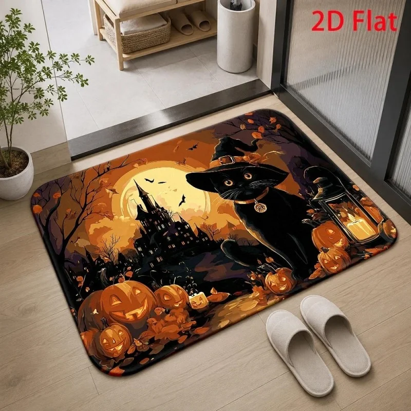 Black Witch Cat Halloween Doormat, Pumpkin Haunted‑castle Printed Floor Rug, Holiday Front‑door Decor Mat