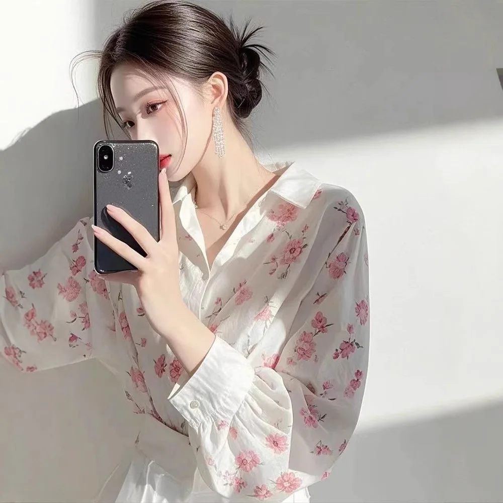 BOWEYLUN wiosna nowy różowy nadruk na co dzień z długim rękawem koszula damska francuski kołnierzyk polo bluzka sweter damski