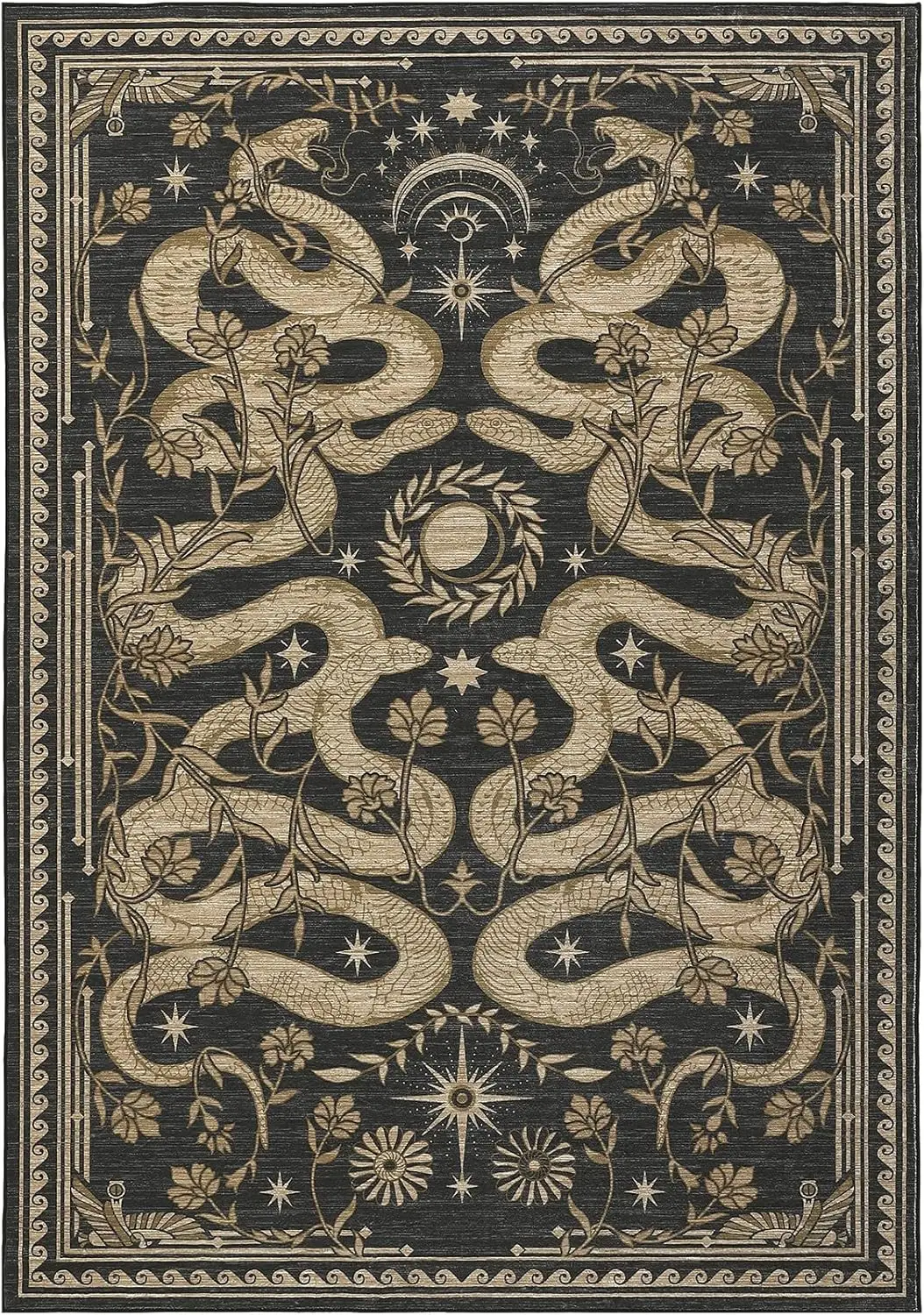 Mystical Snake Print Area Rug,Vintage Celestial Floral Border Non-Slip Floor Mat for Living Room Bedroom,Dark Gothic Home Decor
