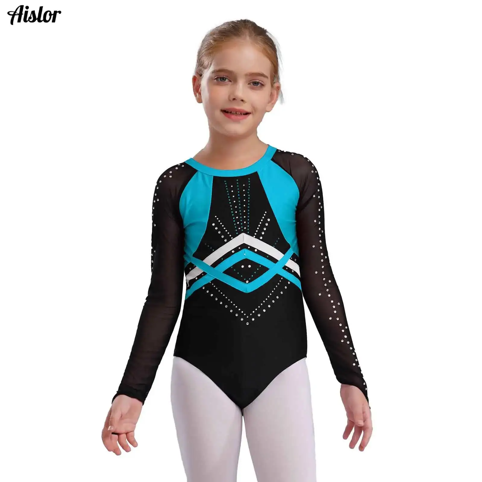

Kids Girls Gymnastics Leotard Sheer Mesh Long Sleeve Color Block Patchwork Shiny Rhinestones Bodysuit Figure Skating Unitards
