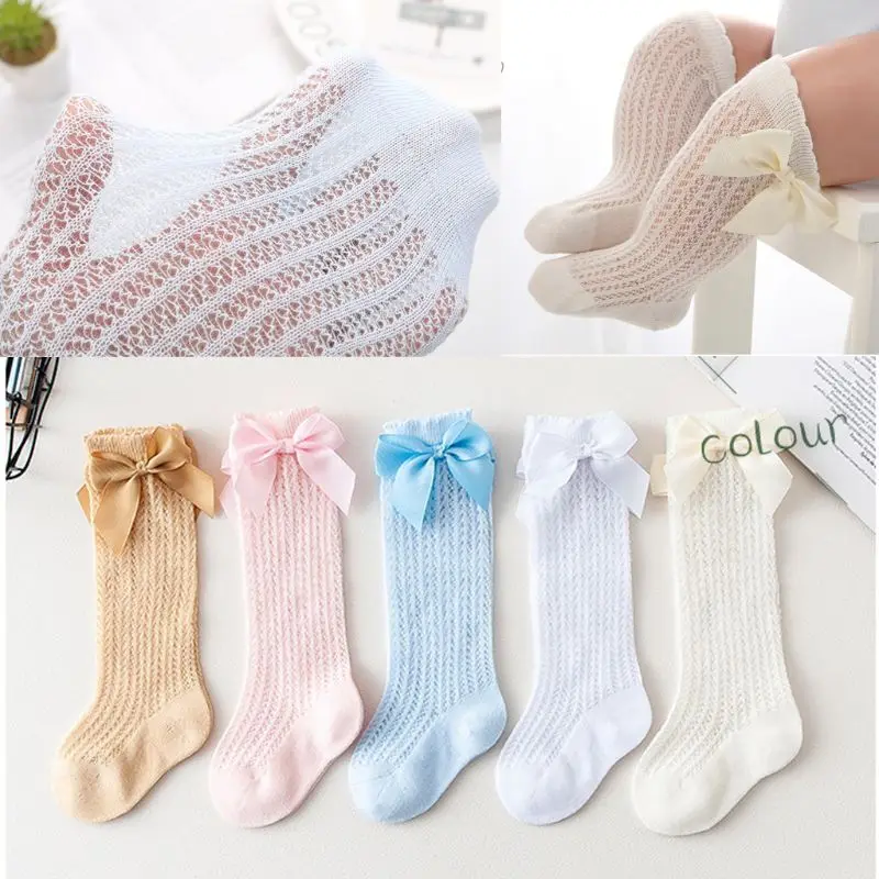 Toddler Newborn Knee High Bowknot Knit Mesh Stockings Baby Non Slip Grip Girls Princess Lace Socks Suitable for 0-2 Year