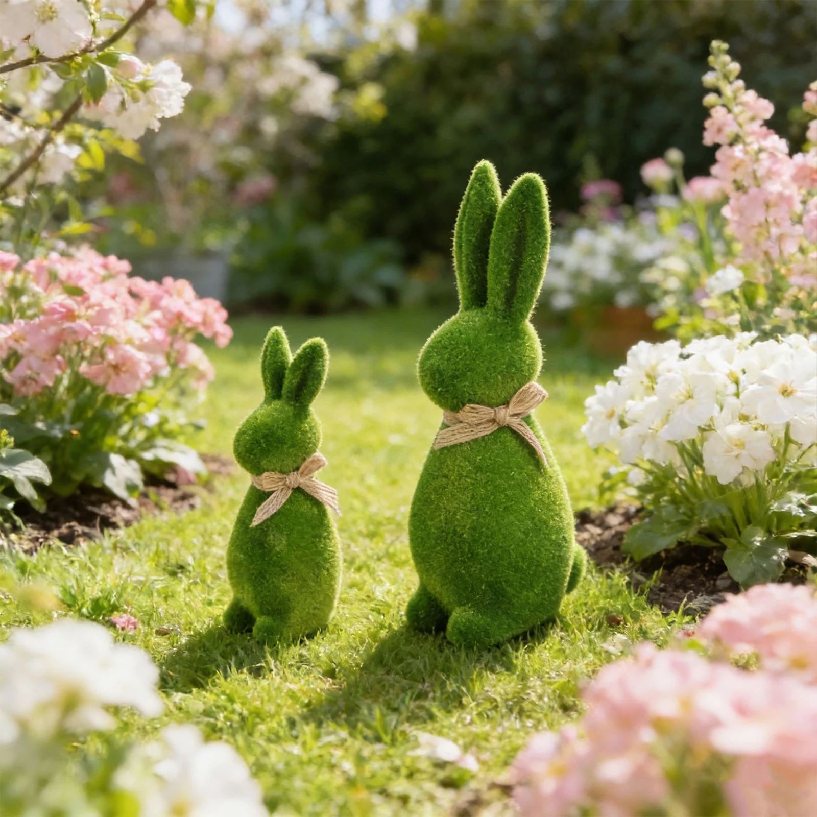 Easter Moss Bunny Figurine Reusable Green Flocked Rabbit Statue Easter Flocking Bunnies Decorations for Home Table Centerpiece
