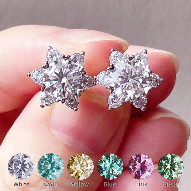 

On Sale Moissanite Earrings Snowflake Flowers Design Diamond Studs Earrings Blue Green Cyan Pink Red Stone S925 Silver For Women