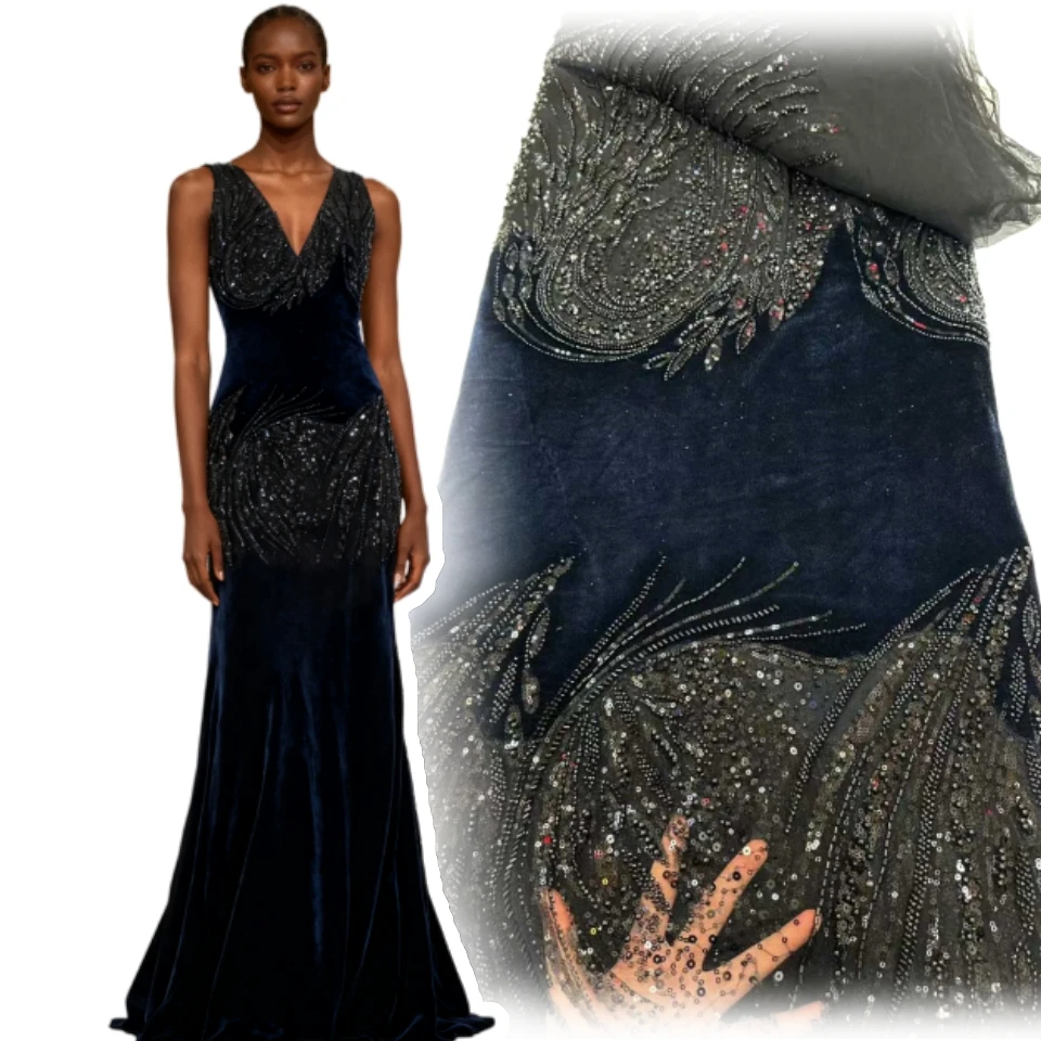 

Velvet Luxury Unique New Fashion Design Fabric Handmade Embroidery Net Lace Full Beads Making Women Wedding Dress Sewing TP1832