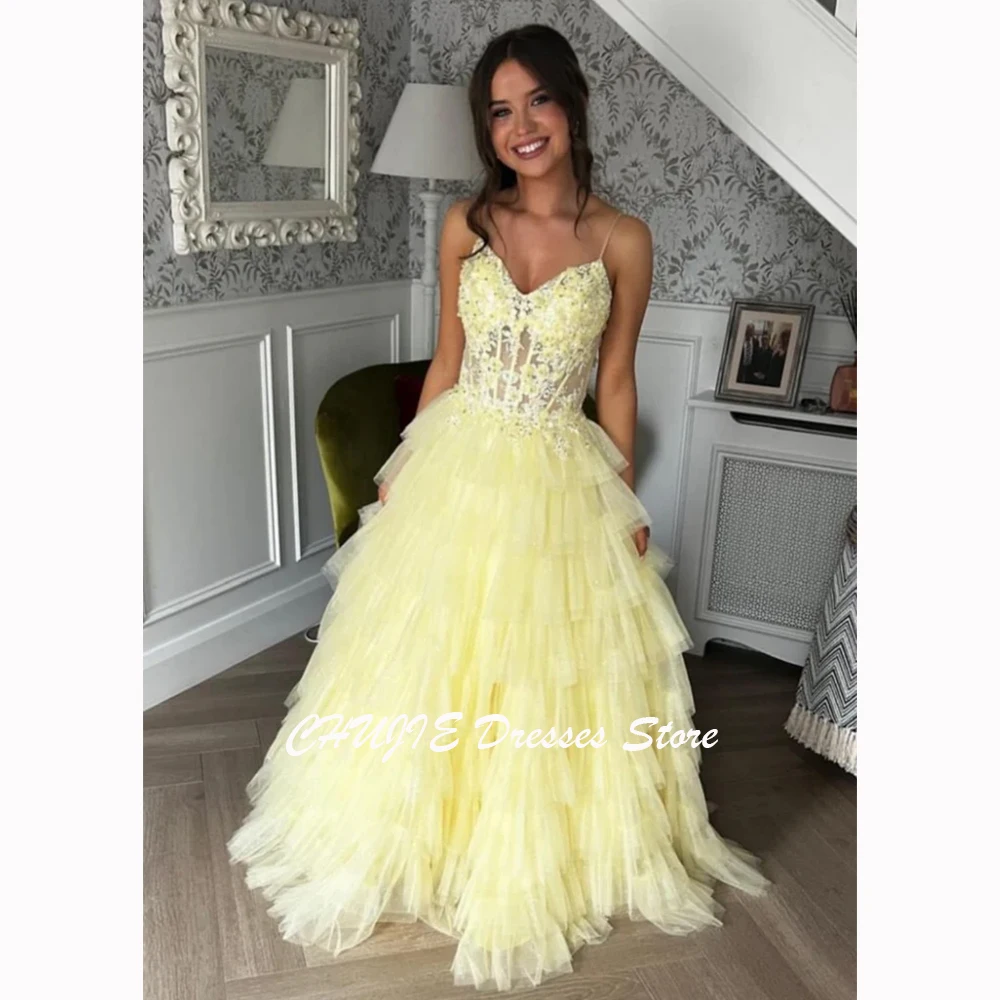 

Tiered Women Appliqeus Long Prom Dress Spaghetti Straps Evening Dresses Summer Beach Wedding Celebirty Party Gowns Customized