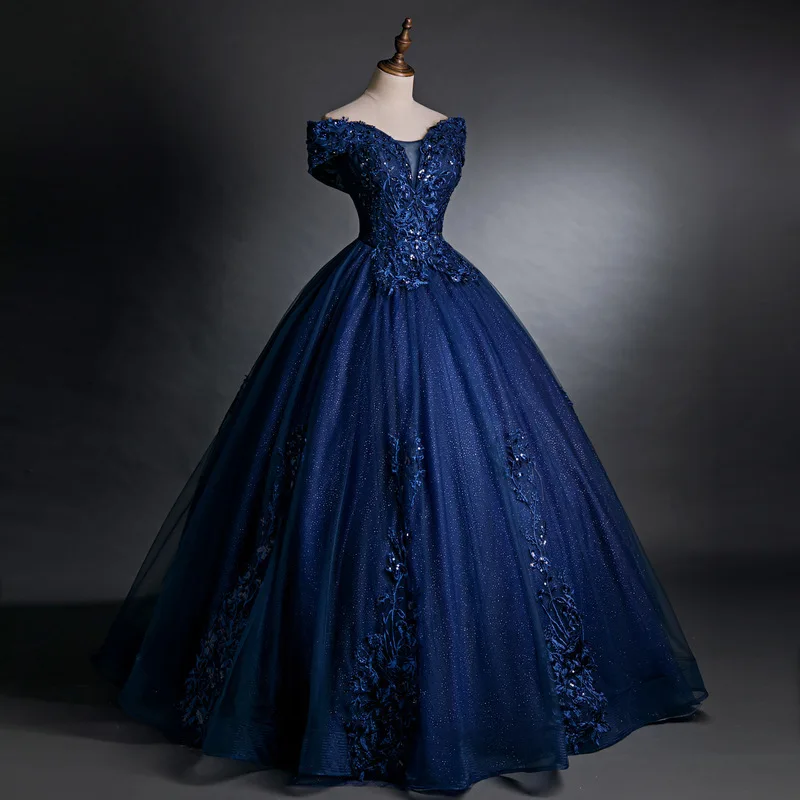 Vestidos De quinceañera azul marino para mujer, apliques sin hombros, vestidos de fiesta De graduación, vestidos de Noche